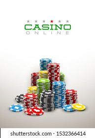 illustration Online web casino banner with american Stack Poker chips isolated on white background. Marketing Luxury white Banner Stack Poker chips. Advertising poster set Online web Casino Jackpot