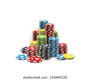 illustration Online web casino banner with american Stack Poker chips isolated on white background. Marketing Luxury white Banner Stack Poker chips. Advertising poster set Online web Casino Jackpot