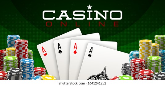 illustration Online web casino banner with american Poker playing cards on green background. Marketing Luxury green space Banner Poker playing cards. Advertising poster set Online web Casino Jackpot