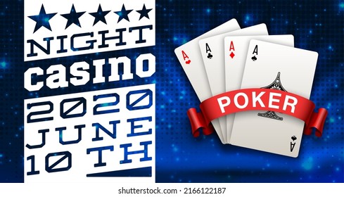 ilustración Banner de casino web en línea con cartas de juego american Poker en fondo azul. Marketing Lujo espacio azul Banner Poker cartas de juego. Juego de pósters de publicidad en línea Casino web Jackpot