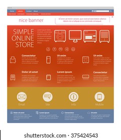 Illustration of the online web store with visualization of e-commerce. The simple appearance of the online page for presentations or reports. Editable design, a lot of details.