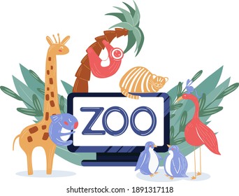 Illustration of an online zoo tour in cartoon style. Image of a zoo on a white background. Animals in the zoo and a computer. For banners, mailing lists, and websites.