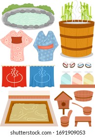 Illustration of Onsen Elements from Hot Springs, Wood Tub, Wooden Buckets, Stool, Wooden Water Dipper, Yukata, Flat Slippers, Shampoo and Entrance Curtains