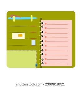 Illustration of open binder with paper and pen inside