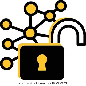 Ilustração de um cadeado preto e amarelo aberto com uma rede de nós conectados em segundo plano, simbolizando o acesso aos dados e a segurança cibernética.