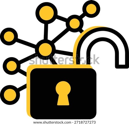 An illustration of an open black and yellow padlock with a network of connected nodes in the background, symbolizing data access and cybersecurity.