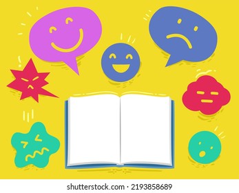 Illustration of an Open Blank Book with Angry, Sad, Happy, Annoyed, Surprised, and Tired Emotion Speech Bubbles