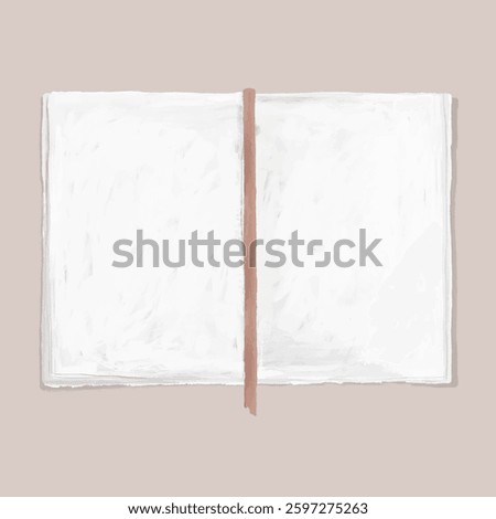 Illustration of an open blank book with a beige background. The book's pages are white, with a brown spine. Minimalist design, open book, blank pages. Vector illustration.