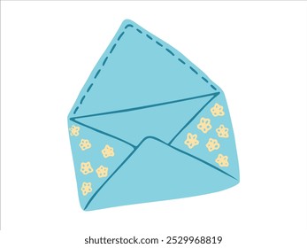 Illustration of an Open Blue Envelope with Floral Patterns isolated on white background. Concept of Stationery, Cute Design, Handcrafted Style, Communication Icon, Paper Craft, Invitation. Print