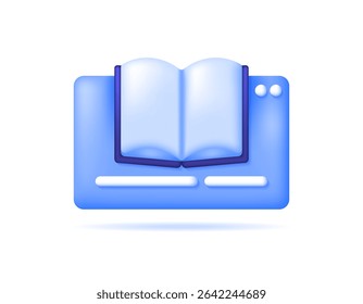 illustration of an open book with application window. digital learning concept. online library. learning digitally. education and technology. symbol or icon. minimalist 3d style design. asset element