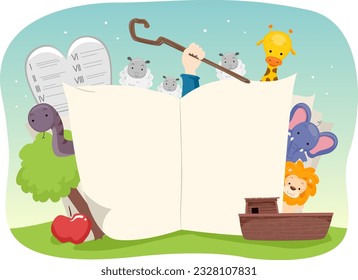 Illustration of Open Book with Bible Stories Elements from Forbidden Fruit to Ten Commandments to Ark