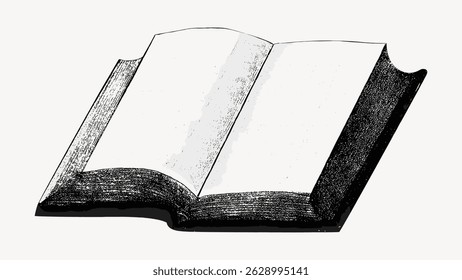 Illustration of an open book with blank pages. The book is open, showing empty pages. Simple black and white drawing of an open book, emphasizing its blank pages. Vintage art illustration vector.