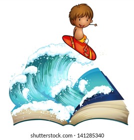 Illustration of an open book with a boy surfing on a white background