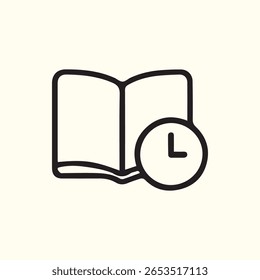 Illustration of an open book with a clock next to it suggesting scheduled time to read and study on a white background
