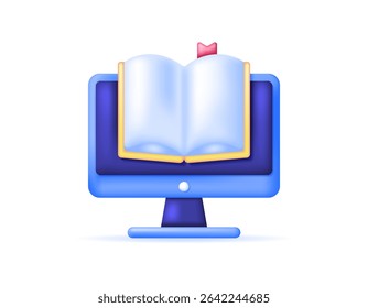 illustration of an open book with a computer monitor. digital learning concept. online library and digital books. education, science, and technology. symbol or icon. minimalist 3d style design. asset 