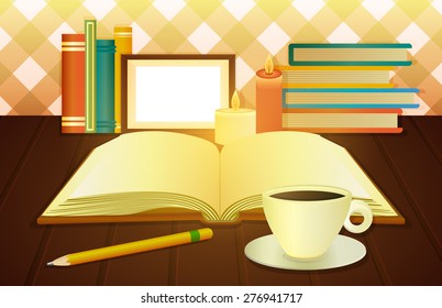 Illustration of open book, cup of coffee, book stack on the wooden desk
