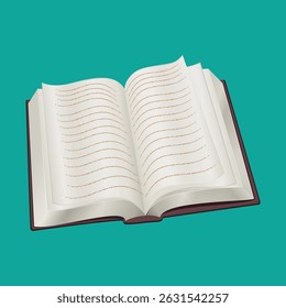 an illustration of an open book with empty pages, on which horizontal lines are visible, like in a notebook. The book has a dark cover and is lying on a green background.

