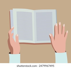 Illustration of an open book. The girl is reading a book. Books for education.