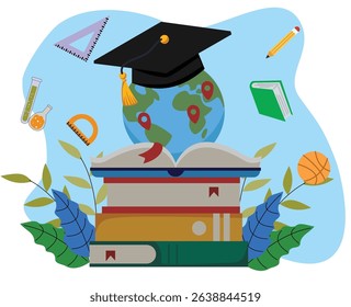 Illustration of open book with globe and education icon. Education illustration. elementary school. back to school