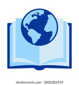 Illustration of an open book with a globe symbol representing world knowledge and global education