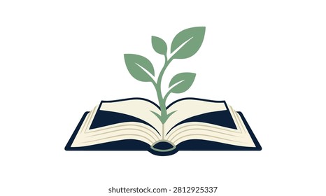 illustration of an open book with a green sprout rising from pages representing growth learning and education natural environment educational concept