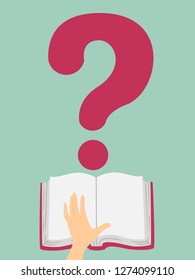 Illustration of an Open Book with a Hand and a Question Mark on Top