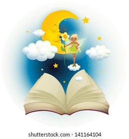 Illustration of an open book with an image of a fairy and a sleeping moon on a white background