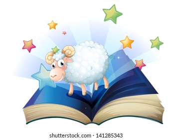 Illustration of an open book with an image of a sheep on a white background