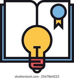 Illustration of an open book with a light bulb and ribbon, representing the synergy of knowledge, creativity, and achievement