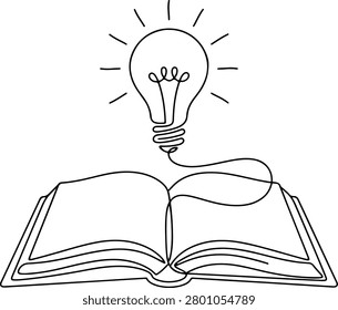 Illustration of open book with a lightbulb glowing above it, study knowledge insight, hand drawn outline vector illustration.