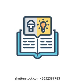 Illustration of an open book with lightbulb and head icons. A flat, vector graphic style on a White Background.