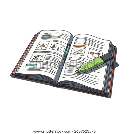 Illustration of an open book with notes and diagrams, highlighter on the pages, education concept