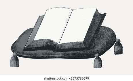 Illustration of an open book on a cushion. The book is open, resting on a cushion. The cushion supports the open book. The book and cushion are central. Vintage style art, isolated vector.