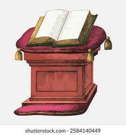 Illustration of an open book on a red cushion atop a wooden stand. The book, cushion, and stand create a classic, vintage look. Open book on stand. Vintage art illustration, vector.
