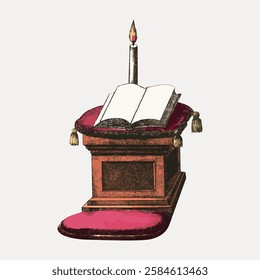 Illustration of an open book on a red cushion with a lit candle. The book rests on a wooden stand. Candle, book, and cushion create a vintage feel. Vintage art illustration, vector.