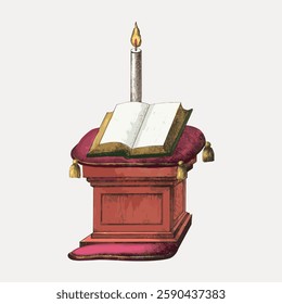 Illustration of an open book on a red cushion, with a lit candle on top. The book and candle are central, symbolizing knowledge and enlightenment. Vintage illustration isolated on white, vector.