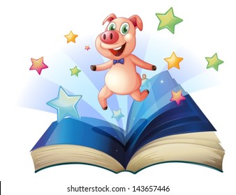 Illustration of an open book with a pig jumping happily on a white background