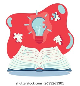 Illustration of open book with puzzle piece and lamp in red and blue color. Vector open book with puzzle piece and lamp for design, poster, website, presentation.
