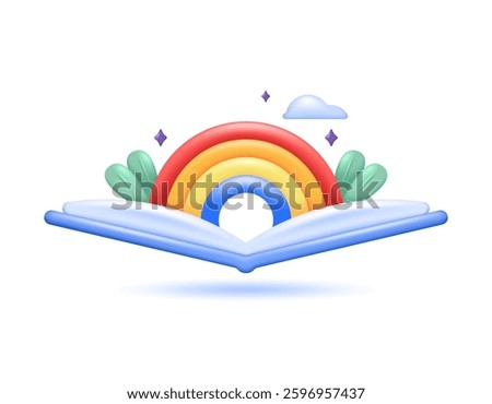 illustration of an open book with rainbow, clouds and plants. liking and enjoying reading a book. world book day concept. knowledge and science. symbol or icon. minimalist 3d style design. element