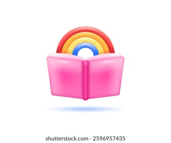 illustration of an open book with a rainbow. liking and enjoying reading a book. world book day concept. knowledge and science. symbol or icon. minimalist 3d style design. element