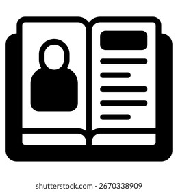 Ilustração de um livro aberto mostrando um avatar do usuário e linhas de texto, adequadas para perfis, currículos ou conteúdo integrado.