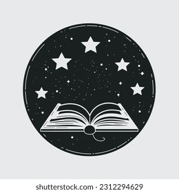illustration of open book and stars with black background. logo, sticker, label, icon