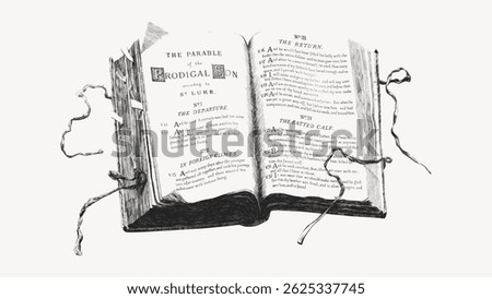 Illustration of an open book with text, showing pages of 'The Parable of the Prodigal Son.' The book is tied with strings, giving a vintage, classic look. Vintage art illustration vector.