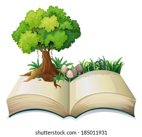 Illustration of an open book with a tree on a white background