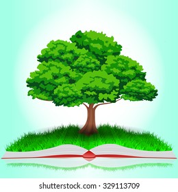 Illustration of an open book with a tree on background.