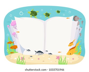 Illustration of an Open Book Underwater Surrounded by Fish, Turtle and JellyFish