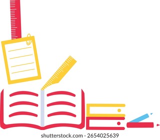 Illustration of open books with ruler and note papers. Designed for study tools, reading materials, and academic or school-related content.