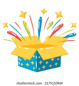 Illustration of open box with fireworks. Colorful present for celebration or promotion.