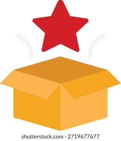 Ilustración de una caja abierta con una estrella roja arriba, adecuada para marca, empaque o contenido promocional.