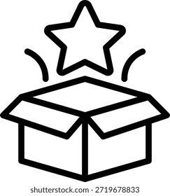 Ilustración de una caja abierta con una estrella roja arriba, adecuada para marca, empaque o contenido promocional.